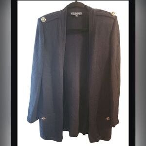 St. John Basics Cardigan Sweater Jacket Santana Knit Navy Blue Gold Accents Med
